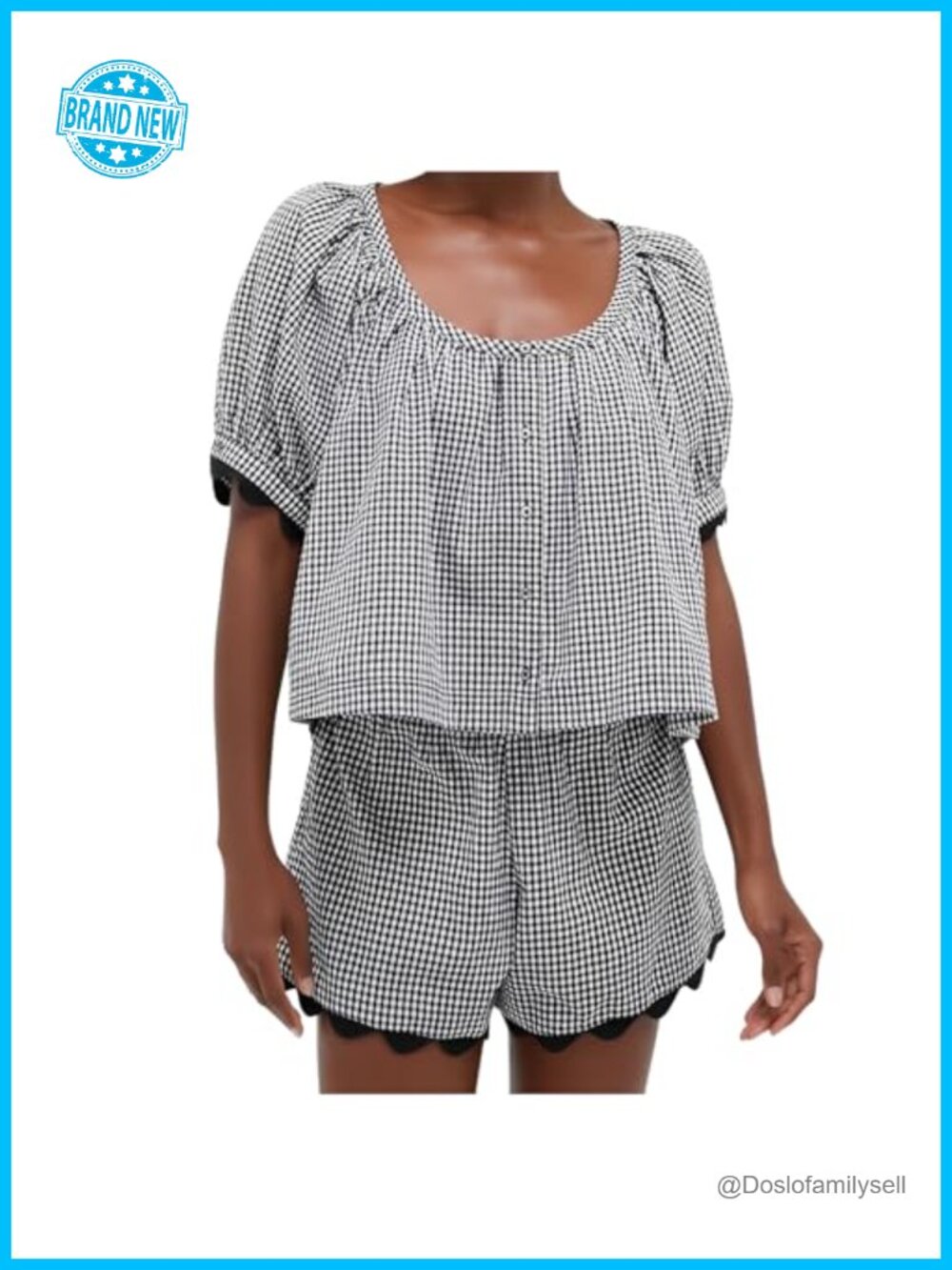 Gingham Two Piece Short Set Puff Sleeve Top Scoop Neck Scalloped Trim